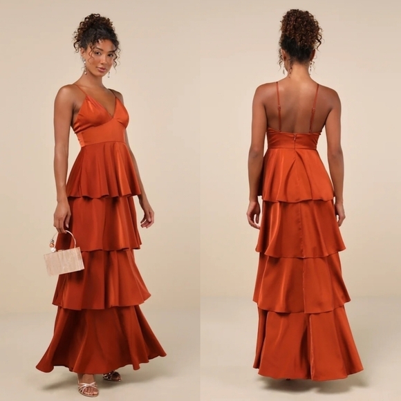 Lulus Dresses & Skirts - Lulus Going with Elegance Rust Brown Satin Tiered Gown Wedding Party Formal